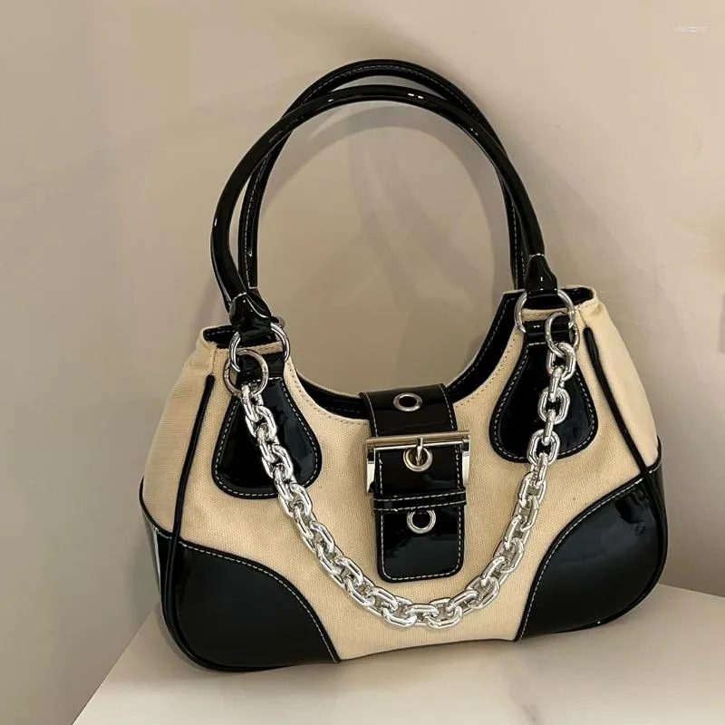 Evening Bags Y2K Vintage Patent Leather Spliced Canvas Nylon Shoulder Bag Women's Metal Chain Underarm Female Crossbody