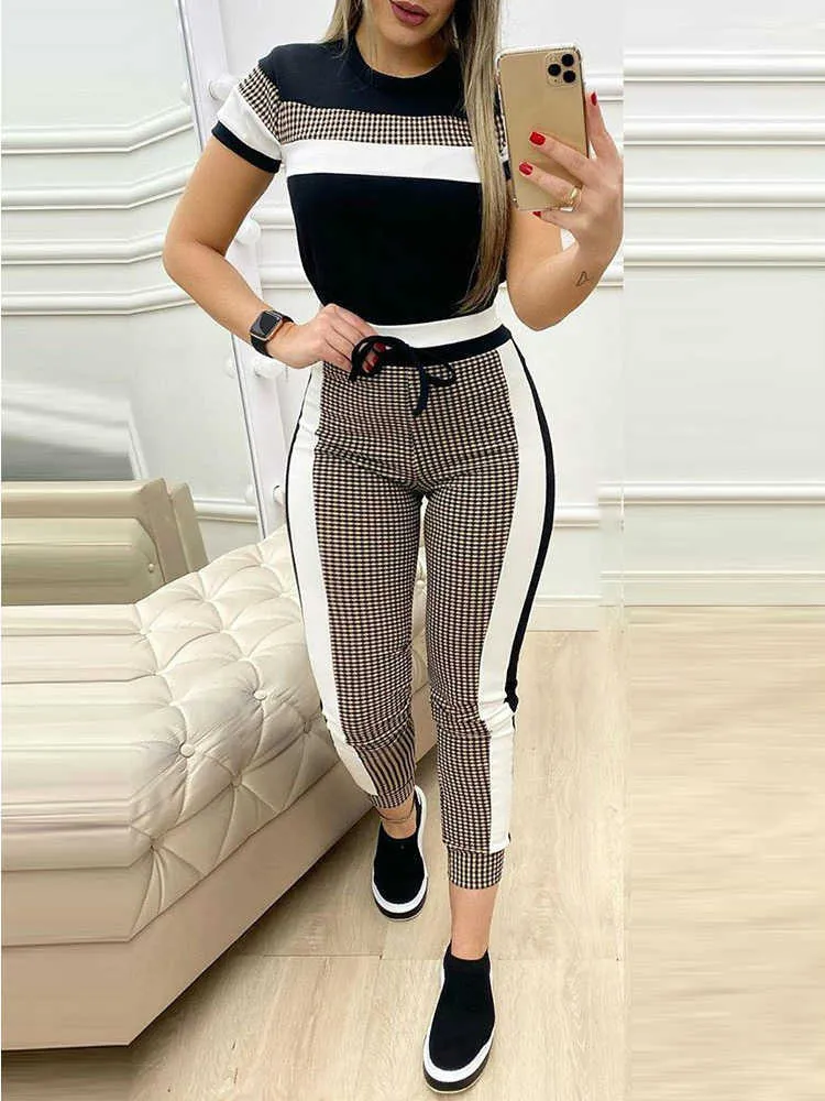 Tweedelige kleding kleurrijke slotpatroon korte mouwen tape tape en trekkoord broek set casual basale dames tweedelig p230522