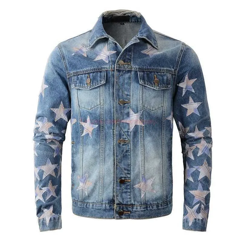 مصمم الملابس Amires Am Denim Jacket 451 Trend Marnes Amies New Denim Coat Pink Star Blue Denim Top Men's Jacket Slim Fit Trend Casual Fashion Jean Outerwear