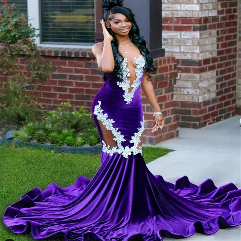 Purple Black Girls Mermaid Prom jurk 2023 Sweetheart Velvet Zuid -Afrikaanse avondjurken Elegante vrouwen Lace Dance Formele Party Robe de Soiree Vestido de Noche