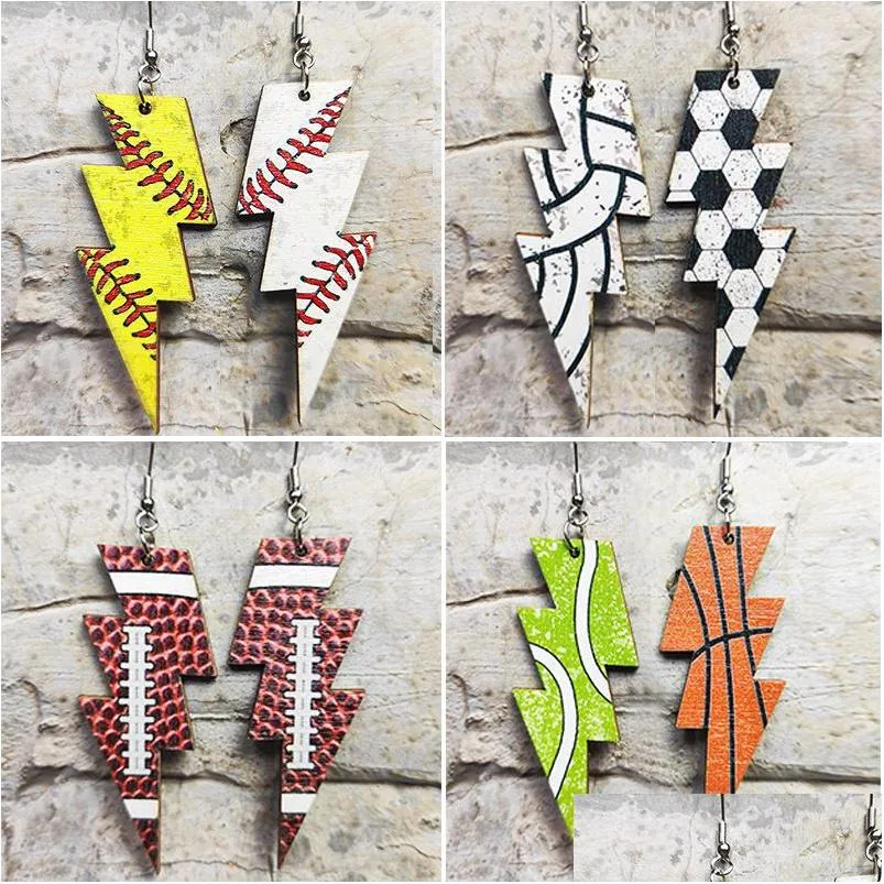 Fascino Orecchini sportivi con palloni in legno Calcio Baseball Ciondolo con fulmini Borchie Regalo creativo Drop Delivery Jewelry Dhopr