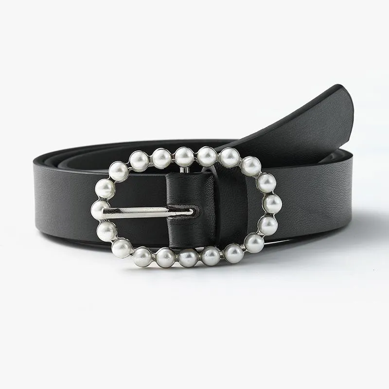 Belts Unique Pearl Oval Pu Belt Women Fashion Thin Pin Buckle Black Female Jeans Dress Waistband Brand Design 2023Belts