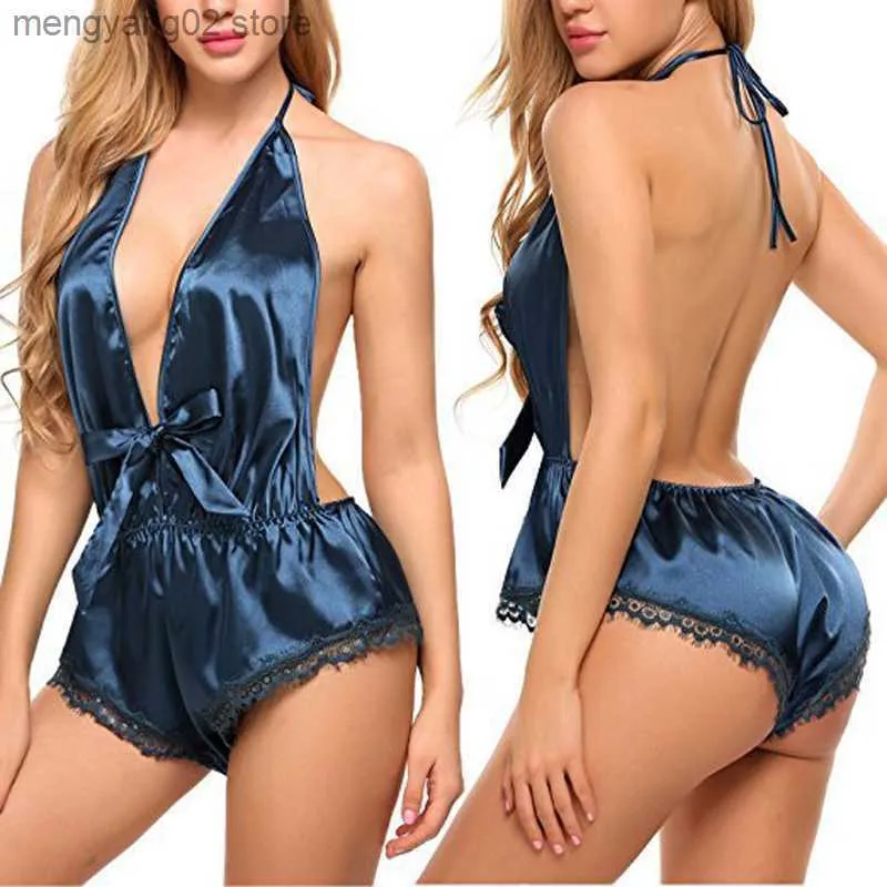 Dames slaapkleding dames nachtdress sexy kanten satijnen gladde zijden nachtkleding halter slaapkleding set nachtjaars voor vrouwelijke diepe n nek hete nachtjurk slijtage t230523