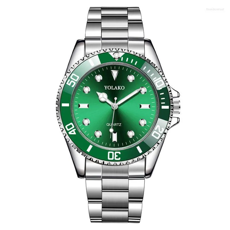 リストウォッチ100pcs/lot yolako販売グリーンフェイスウォッチファッションスチールバンドQuartz Men's Wristwatch Wholesale