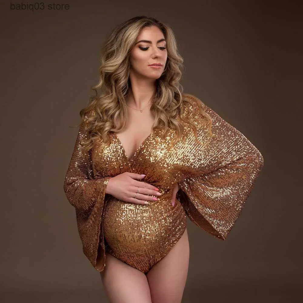 Hamile Elbiseleri Doğum Fotoğraf Çekim Fotoğrafçılık Kadın Sequins Bodysuit Özel Fotoğraflar Seksi Parlak Uzun Kollu Tulum Plan Kostümleri T230523