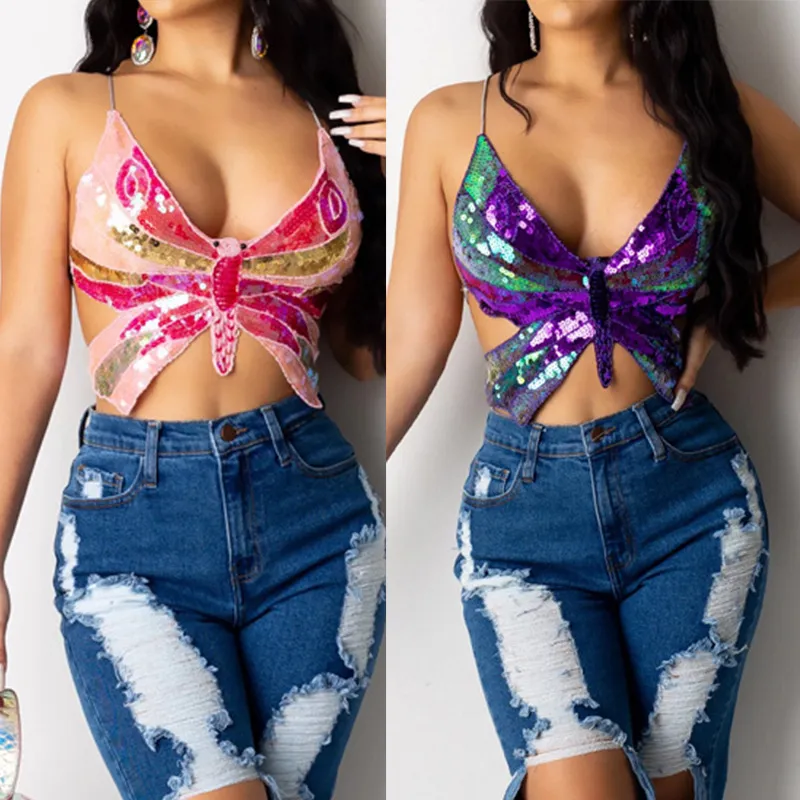 2023 Summer Fashion New V-neck Small Tank Top with Sequin Bow Tie Strap Music Festival Open Back Top European and American Women's Wear