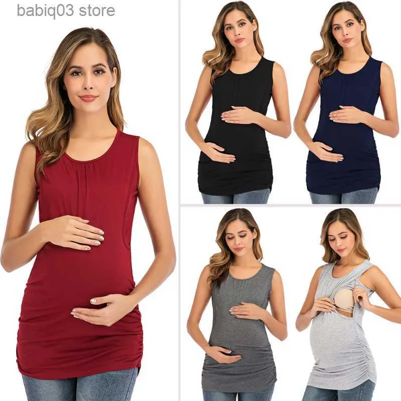 Maternidade Tops Tees Tanque de maternidade Mulheres gestantes de enfermagem grávida Tops de retalhos sólidos de t-shirt camisetas de verão Tanques de enfermagem Tanks T230523