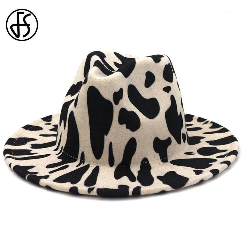 Cappelli a tesa larga FS Unisex Feltro di lana Jazz Fedora per uomo Donna Inverno Cow Print Trilby Flat Panama Party Cappello da cowboy formale White1