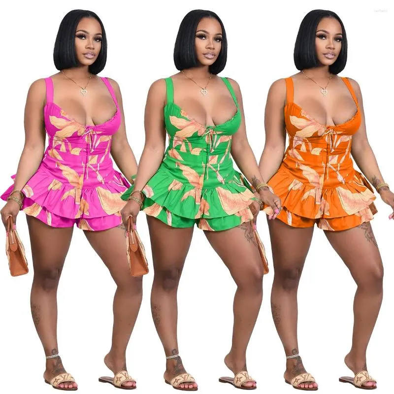 Tute da donna Summer Sexy Ruffled 2 Piece Shorts Donna senza maniche Cerniera posteriore Canotta Crop Top e minigonna Casual Solid Club Outfits