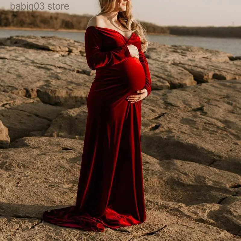 マタニティドレス写真撮影用のゴールドベルベットマタニティドレスVネック妊婦写真ドレスベビーシャワーパーティーロングマキシ妊娠ドレス
