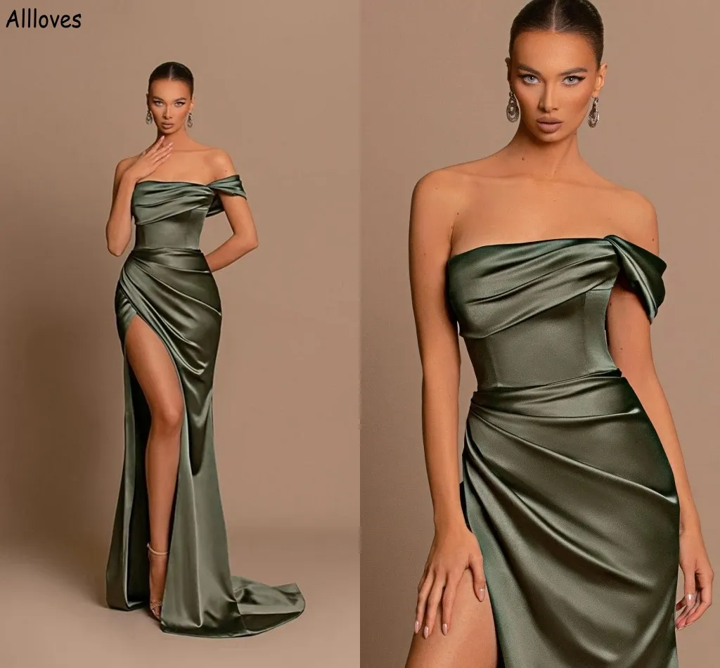 Vestidos de dama de honra de sereia longa de cetim verde -oliva fora do ombro plissado Sexy lateral lateral dividido Mulheres formais de ocasião de festas vestidos de convidado de casamento cl2285