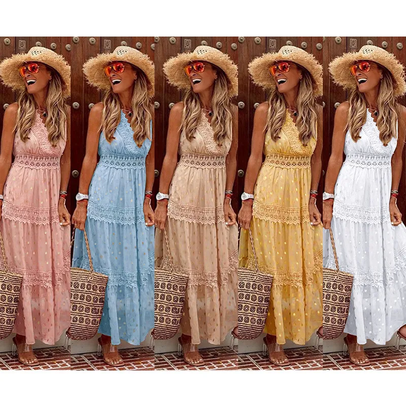 2023 Fashionable lente/zomer nieuwe damesvakantie Casual Deep V mouwloze solide chiffon jurk gesplitste midlengte jurk