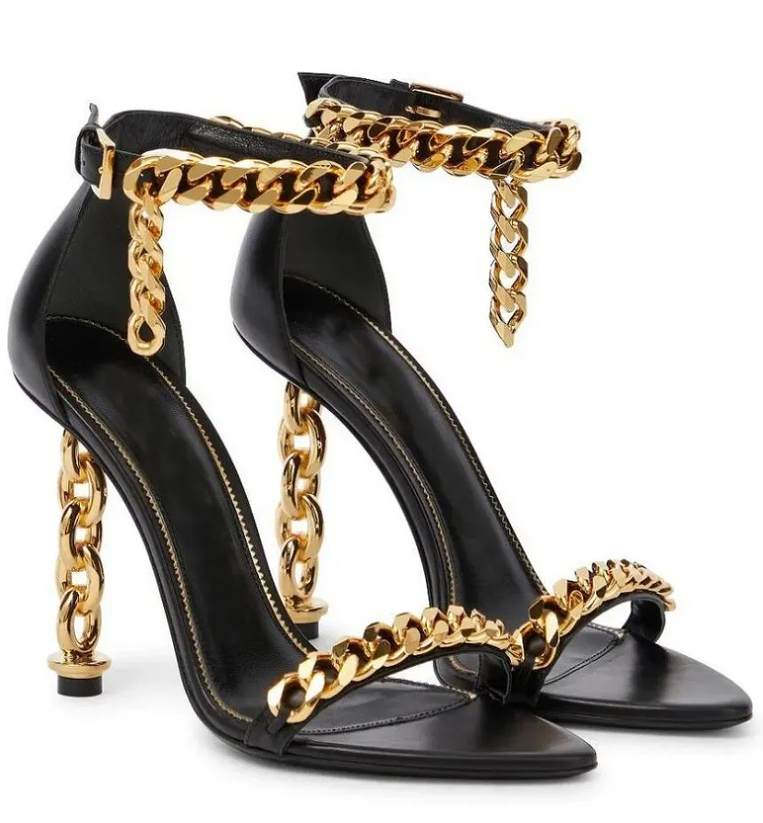 Black Leather Platforms Ankle Straps Gold Metal Sexy Stiletto Mens High Heels  Shoes