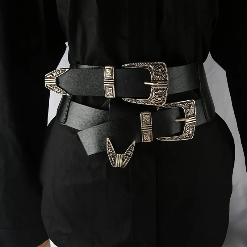 Outros acessórios de moda feminino cinto largo Cummerbund vintage metal esculpido Double Buckle Leather cinturts Lady Waolband elástica cinto de cinta 230523