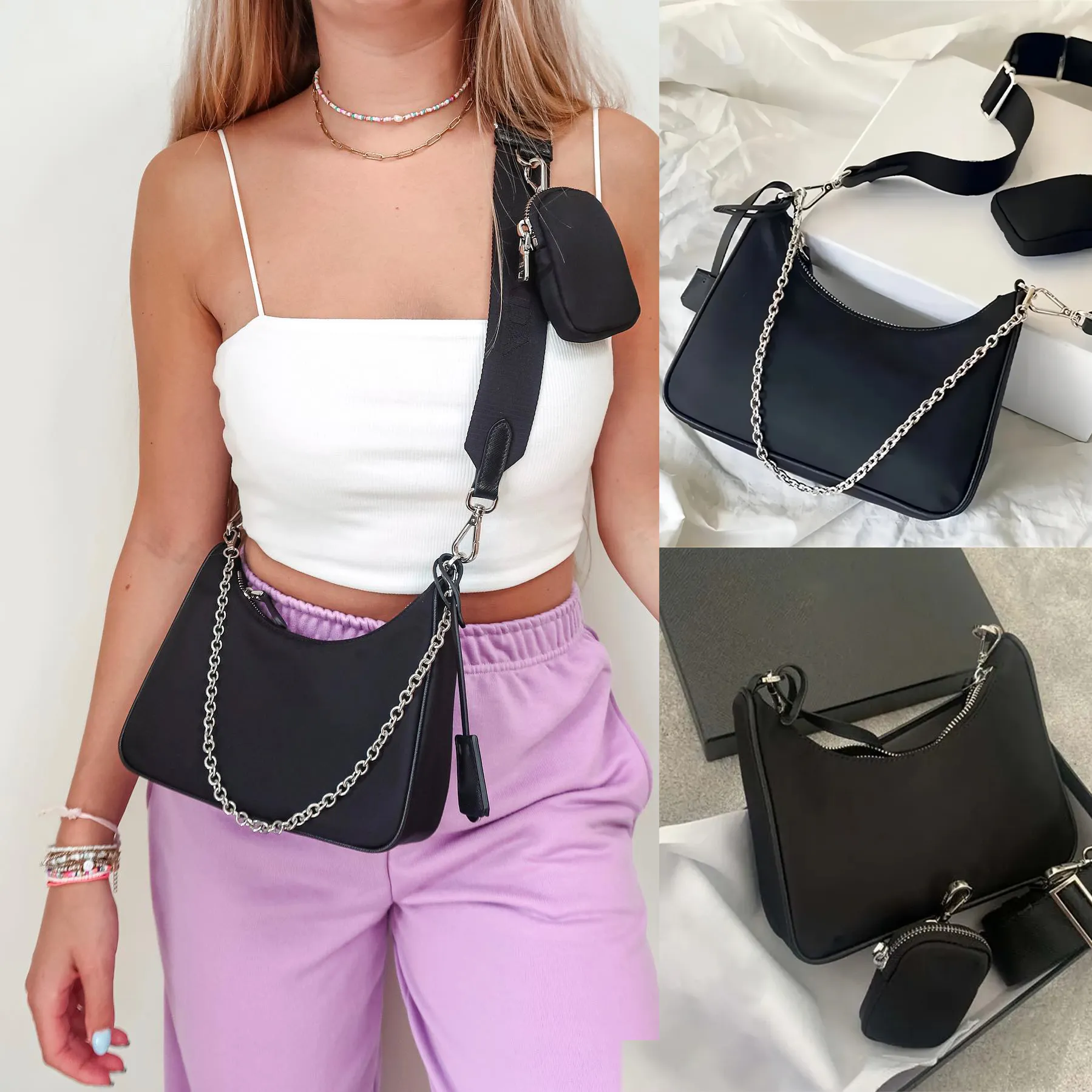 Groothandel reizen strand Nylon 3piece Crossbody tassen top kwaliteit Womens 7a Designer portemonnees Hobo handtas tote zwarte tas heren portefeuilles luxe mode keten schoudertas