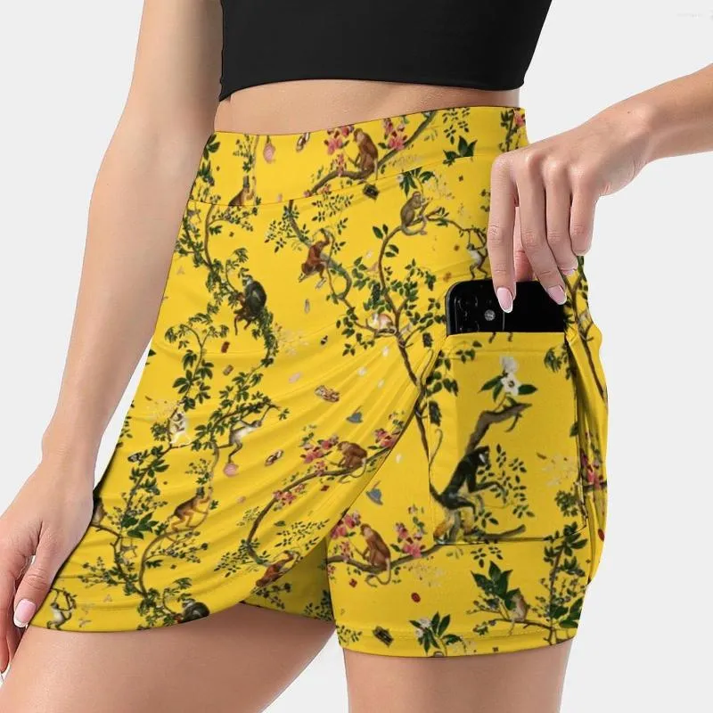 Kjolar apa värld gul kvinnors kjol mini en linje med dölj ficka blomma växt blommig exotisk