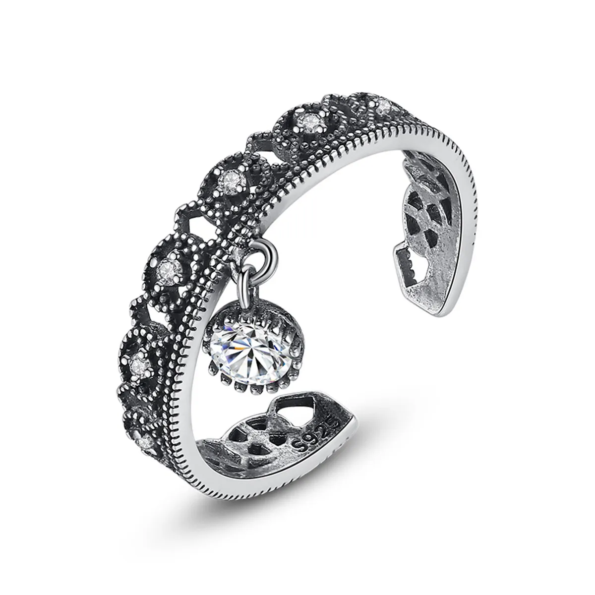 Nouvelle Mode Femmes Rétro Pistolet Noir Anneau Ouvert Marque De Luxe Brillant Zircon s925 Bague En Argent Sterling Femme Charme Anneau Casual Partie Versatile Haut De Gamme Bijoux Cadeau