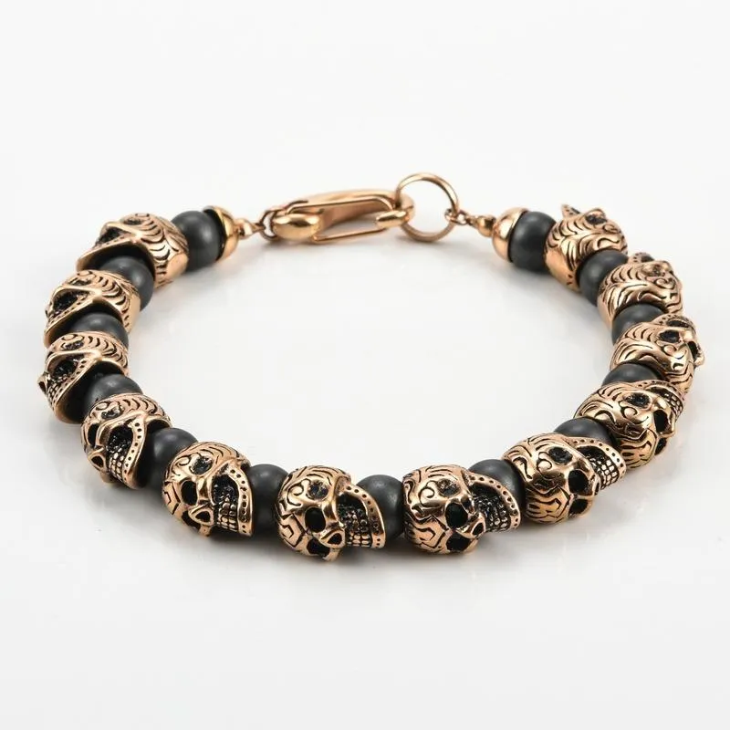 Bangle Trend Armband Men vintage Goth Skull Beads Handkedja Rostfritt stål MAN NATUR STEN Tillbehör Män smycken Armband