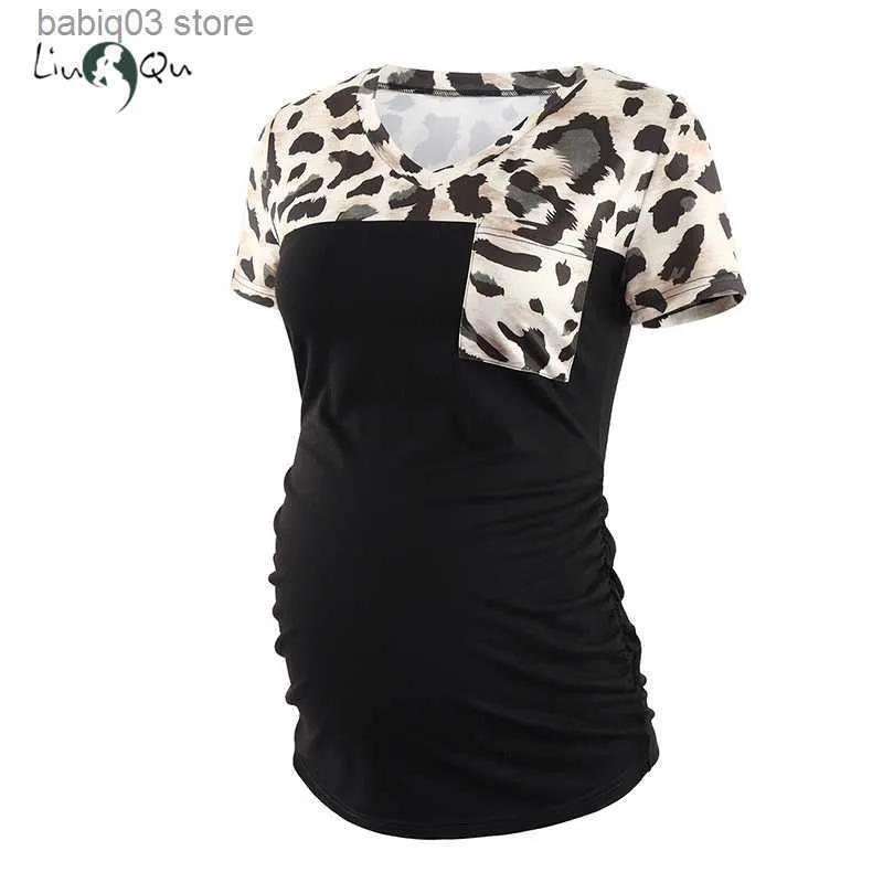 Maternity Tops Tees Women's Casual Maternity Tops Clothes Comfort Short Sleeve V Neck Pink Color block Pregnancy T-Shirt Pocket Mama Pregnant Tee T230523