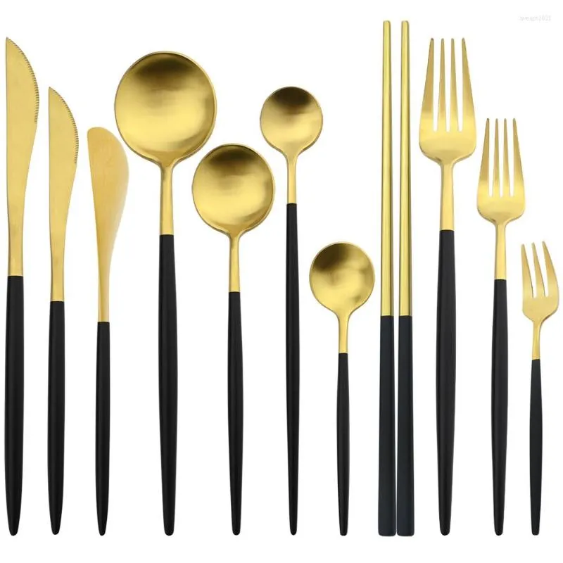 Conjuntos de utensílios de jantar 11 PCs Black Gold Aço inoxidável Talheres de tabela de talheres 304 Spoon faca Falhera de talheres de talheres cozinha em casa