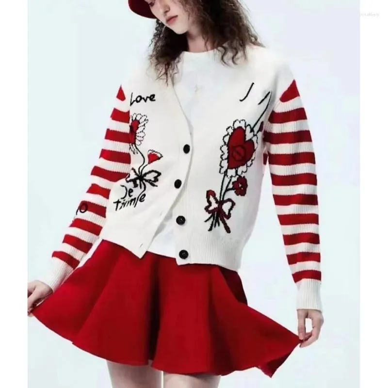 Women's Knits Cute Red Cardigan Femme 2023 Spring Korean Fashion Sweater Coat Women V Neck Floral Emboidery Striped Knit Streetwear