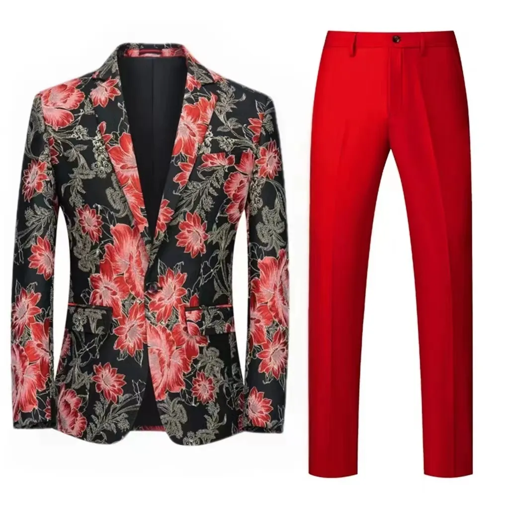 Slim Fit Two Piece Mens Floral Suit Coat And Blazer Set For Weddings