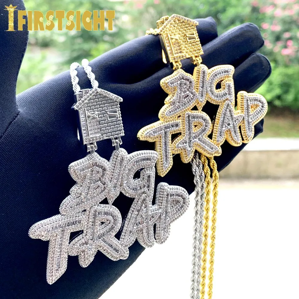 Necklaces New Iced Out Bling Hip Hop Cursive Letter Big Trap Pendant Necklace CZ Cubic Zirconia House Charm Men Women Fashion Jewelry