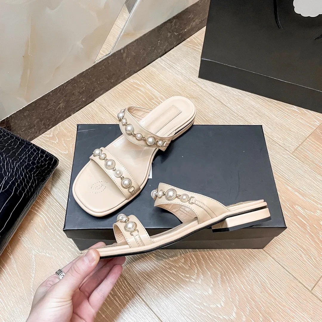 Top Quality Pearls Embellished Channel Mules Womens Slippers