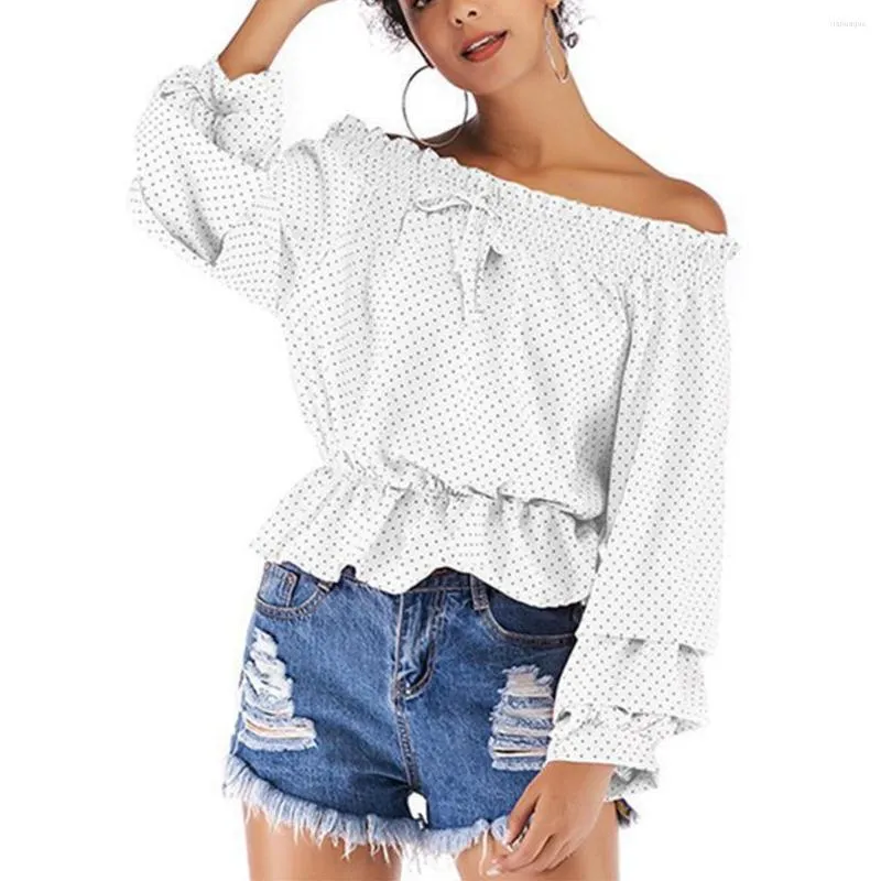 Blusas Para Mujer TSACTE Tops Con Hombros Descubiertos Para Mujer Camisas De Manga Larga De Gasa Top Suelto Casual Polka Dot Strapless Ruffle De 21 37 DHgate