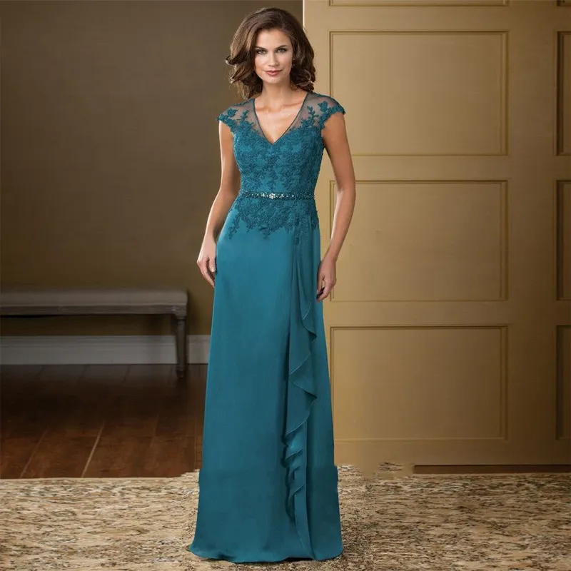 teal blue Lace Mother of the Bride Dresses with Beaded V Neck Floor Length Chiffon mother Formal Evening Gowns