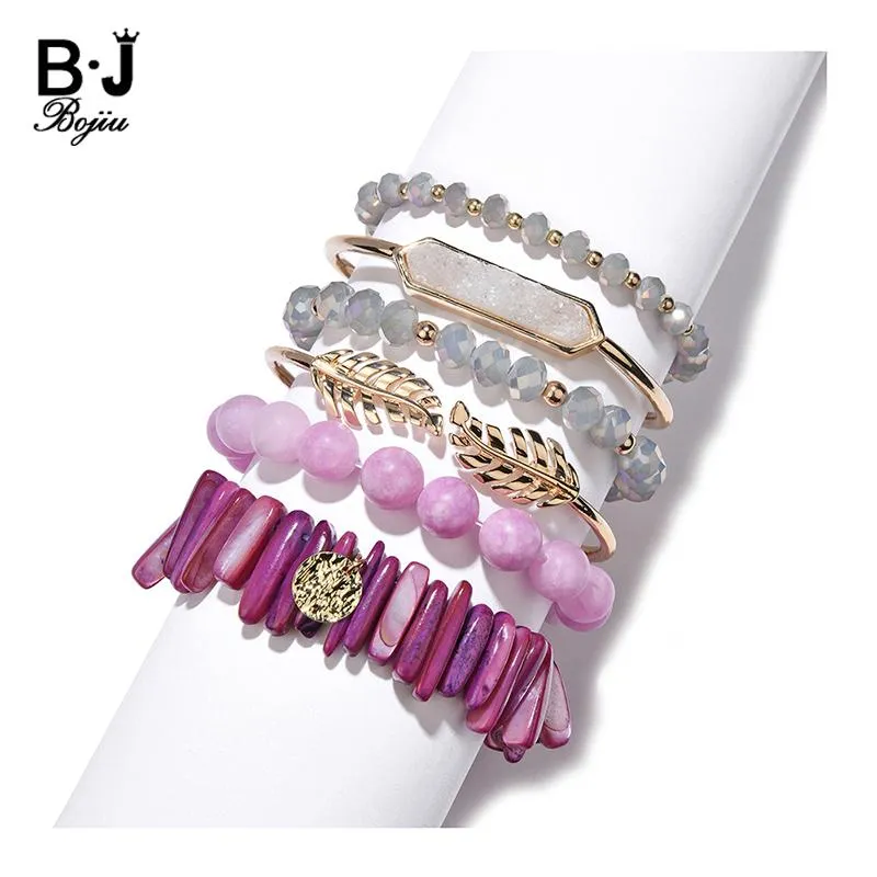 Bracelets New Fashion Women Multi Layer Bracelets Bangles Natural Stone Shell Crystal Golden Leaf Druzy Open Cuff Bracelet Set BCSET322