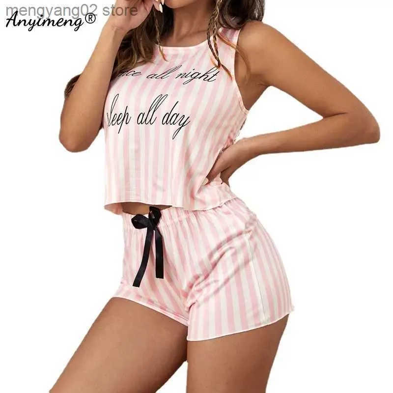 Women's Sleepwear New Summer Milk Silk Slip Pajamas for Women Stripe 2 Pieces Simple Style Sexy Lingerie Sleepwear Sleeveless Pijamas for Girls T230523