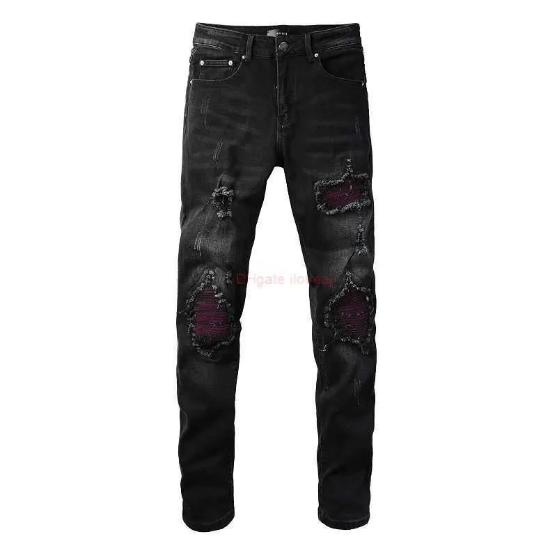 Ropa de diseñador Amires Jeans Pantalones de mezclilla Amies 1302 High Street Trendy Perforated Purple Red Fleece Patch Jeans con elástico negro Slim Fit Pies Pantalones para hombres Distr