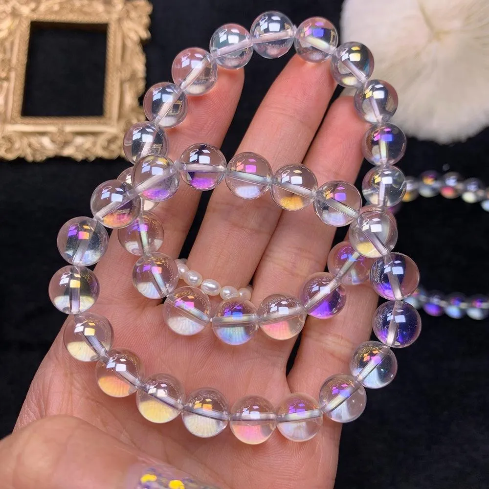 Bangles Natural Rainbow White Quartz Clear Round Beads Bracelet 8mm 10mm Round Beads Bracelet Women Stretch AAAAAA