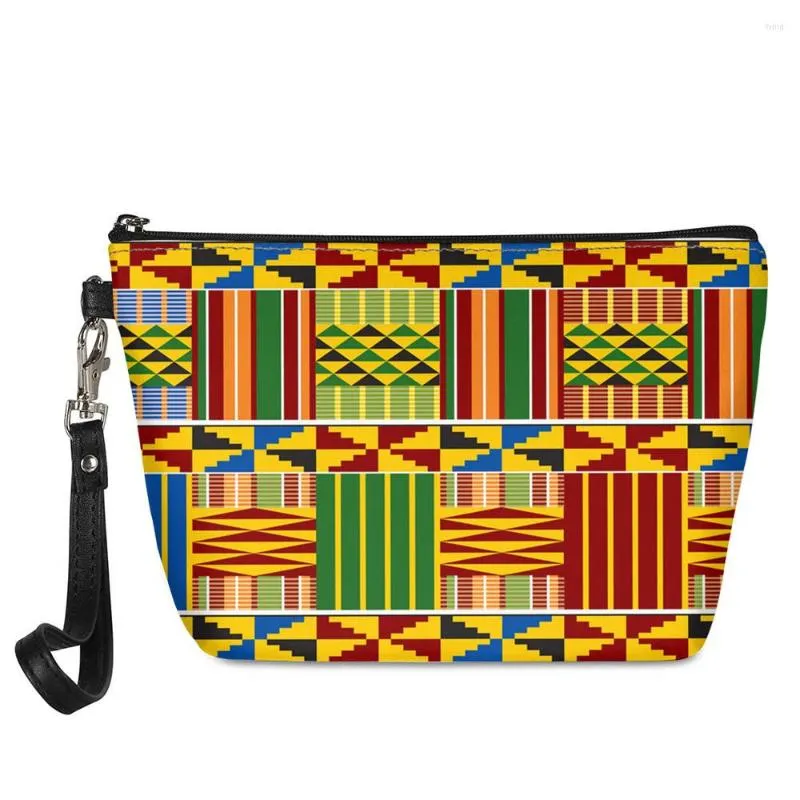 Kosmetiska väskor afrikanska kente geometriska tyg tryckta damer utgör fodral pu läder mini väska för kvinnor tvätt toalettartik