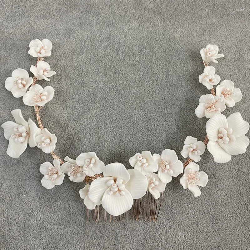 Haarspangen pastorale Keramik weiß handgefertigte Blumen-Accessoires Kamm Hochzeit Schmuck Frauen Ornament Tiara Dekoration