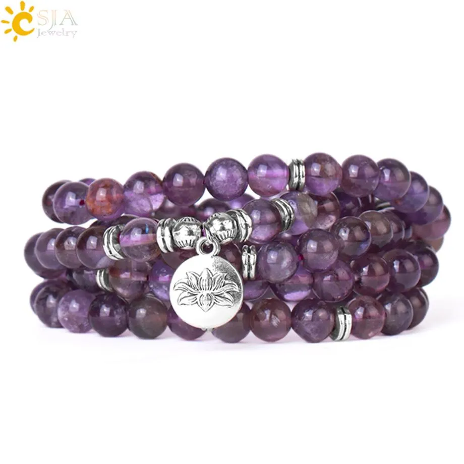 Bangle Csja Natural Gem Stone 108 Pärlor Multilayer Wrap Armelets Mala Meditation Tree of Life Charm för kvinnor Män läkande smycken G763