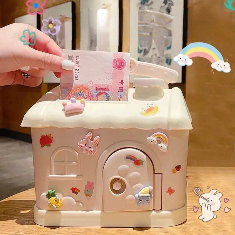 Dekorativa objekt Figurer Kawaii Piggy Bank for Kids House Shape With Lock and Key Coin Money Saving Box For Children Safe Money Box Piggy Bank for Kids G230523