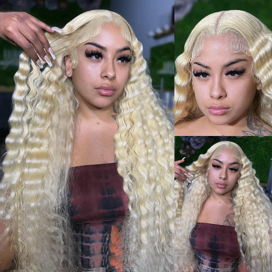 40inches long 613 Lace Frontal Wig Deep Wave 13x4 Blonde Lace Front Wig Human Hair Pre Plucked HD Lace Curly Wig Synthetic