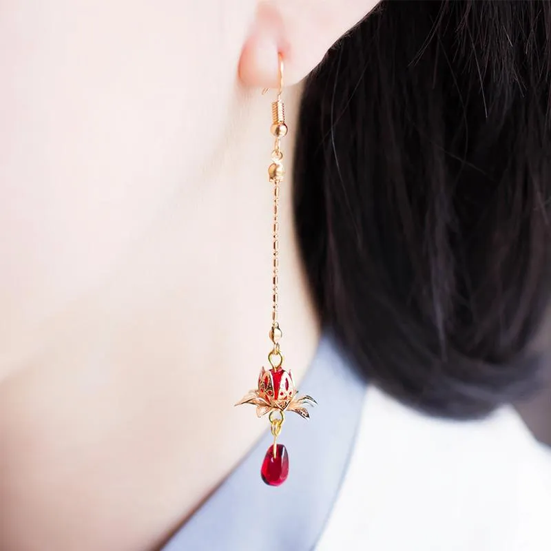 Knot Retro Palace Antique Style Lotus Earrings Chinese Clothing Chinese Style Earrings Long Pierceless Clipon Ear Stud Women's