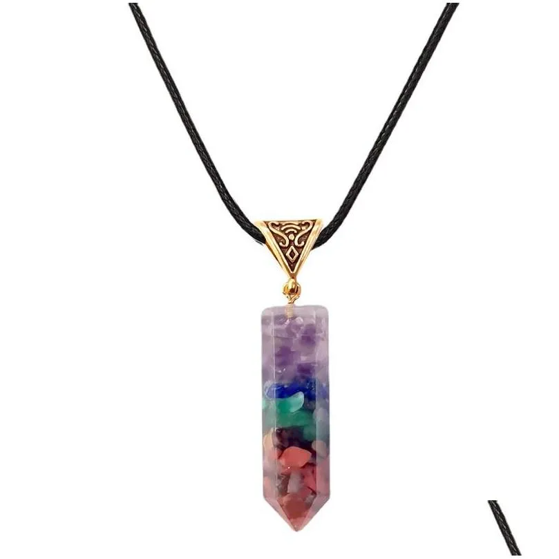 Collane con ciondolo Ghiaia naturale Colonna esagonale Collana Sette chakra Pietra di cristallo Yoga Reiki Guarigione Moda Regalo Drop Delivery Dhiqp