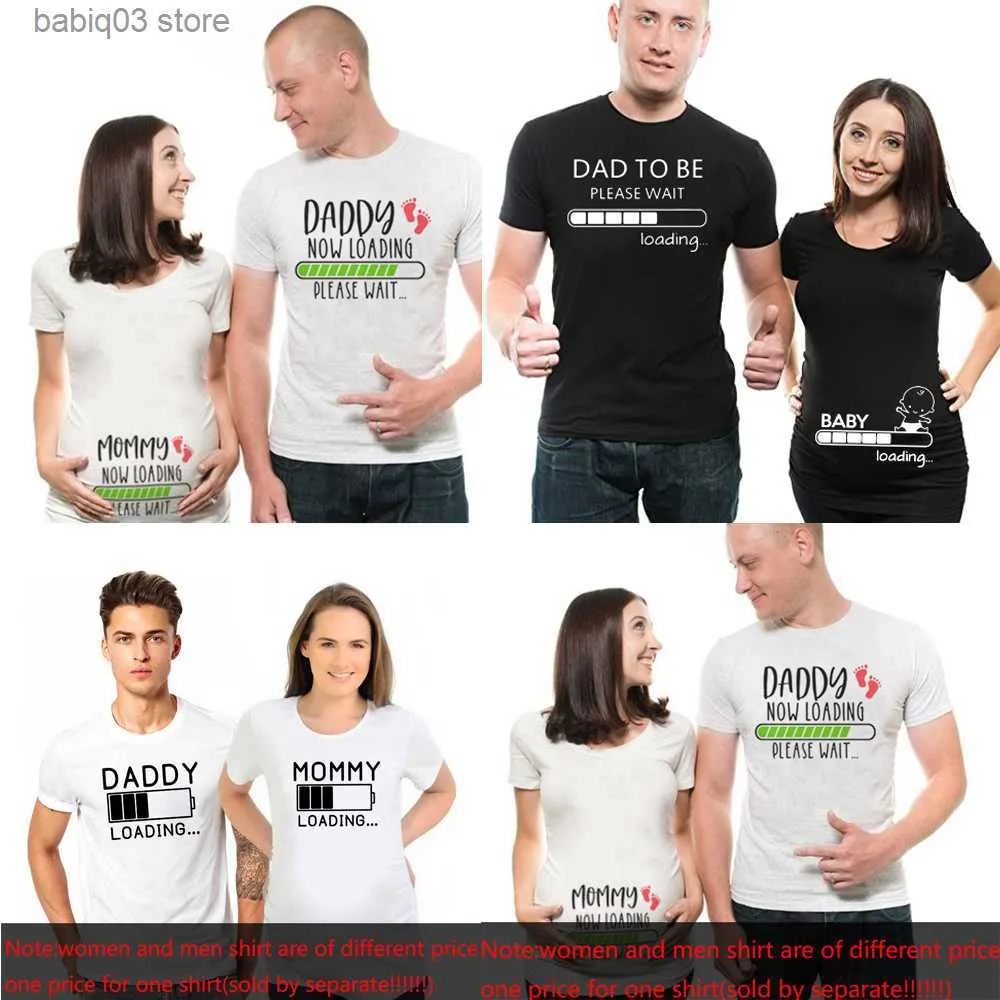 Moderskapstoppar tees 1st mommy pappa lastning vänligen vänta t -shirt roligt par gravida tillkännagivande skjortor plus size mödrar tshirt familjekläder t230523