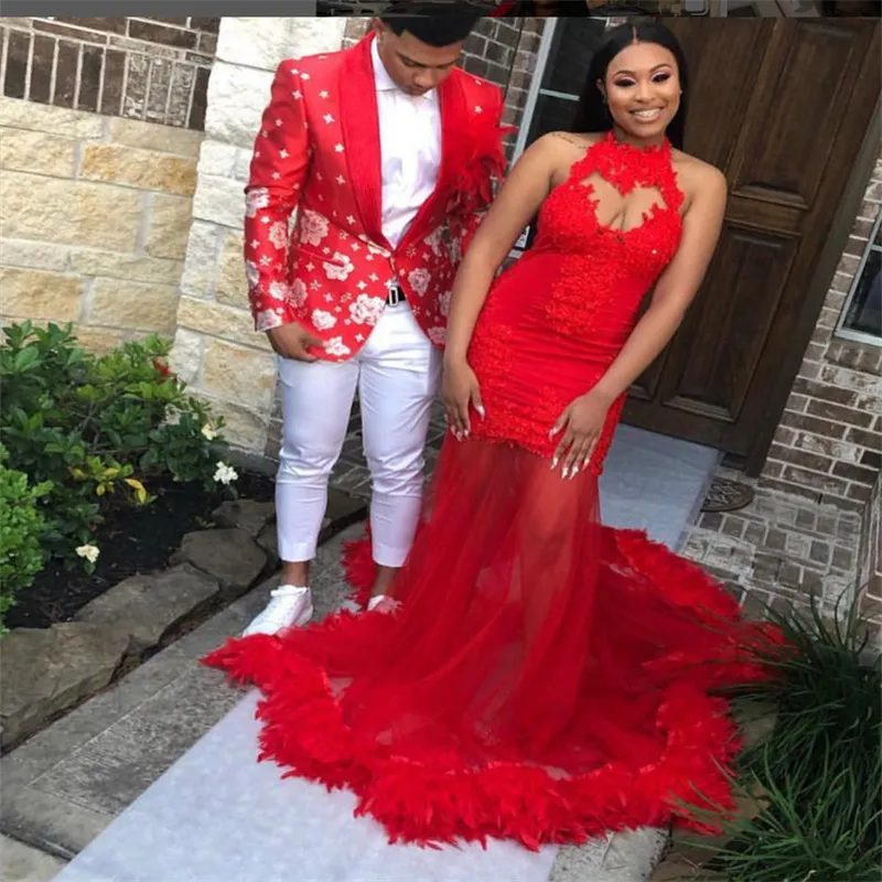 Gorgeous Red Black Girls Prom Dress With Feather Halter Mermaid Formal Fifteen Birthday Evening Party Gowns Backless Ceremony 2023 robe de soiree vestido de noche