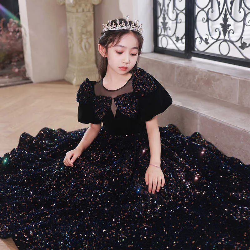 Vestidos de menina jovem ocasião formal Partido elegante Princesa Long Flower Girl Black Deep V Dress de noite em V G220523