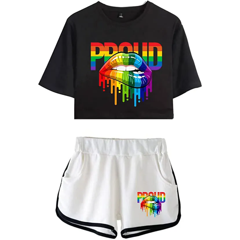 Arc-en-ciel Couple lesbien drôle recadrée femmes t-shirt été survêtement décontracté Shorts manches t-shirts et Shorts de Sport classiques