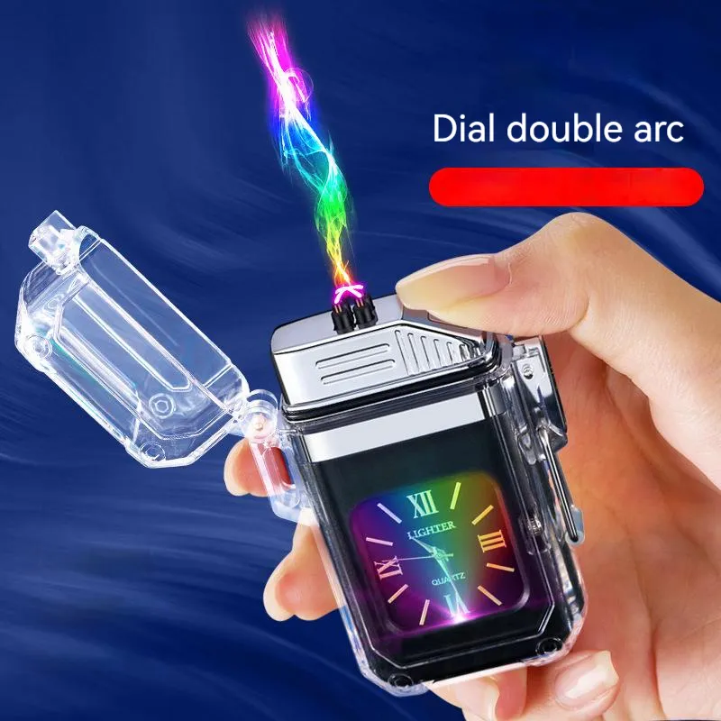 New Double Arc Lighter With Clock Outdoor Watch Rechargeable Windproof Waterproof Personality Electronic Transparent Lighter Gadgets