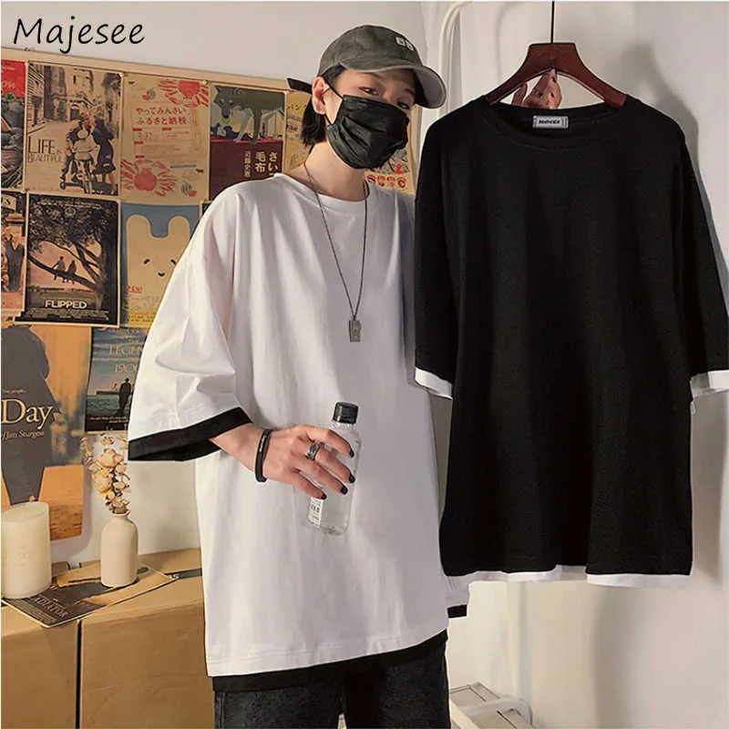 Herren T-Shirts T-Shirts Männer Dreiviertelärmel Patch Designs Fake Twopieces Harajuku Ins Freizeit Lose Herren Top Street Wear Tees Ulzzang BF Z0522