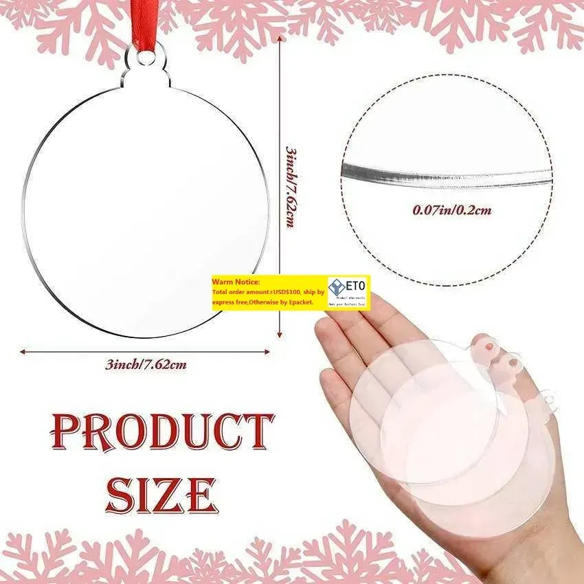 3Inch Transparent Clear Circle Christmas Hangtag DIY Blank Round Acrylic Xmas Tree Ornaments Pendant J0523