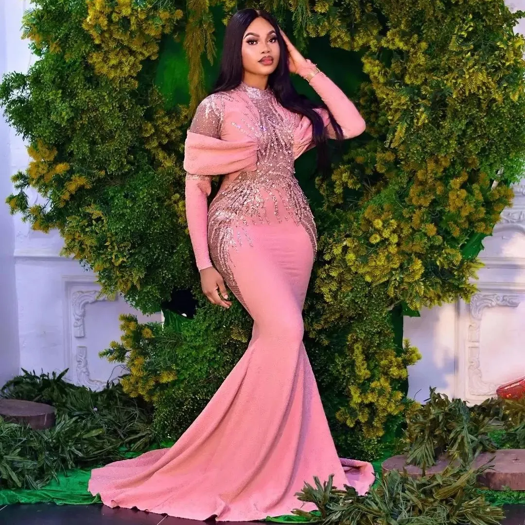 Aso Ebi Mermaid Prom Dresses Sexy Illusion Bodice Beading Long Mouwen Formal Evening Jurk Chic Pink Speciale gelegenheid jurk voor vrouwen 2023