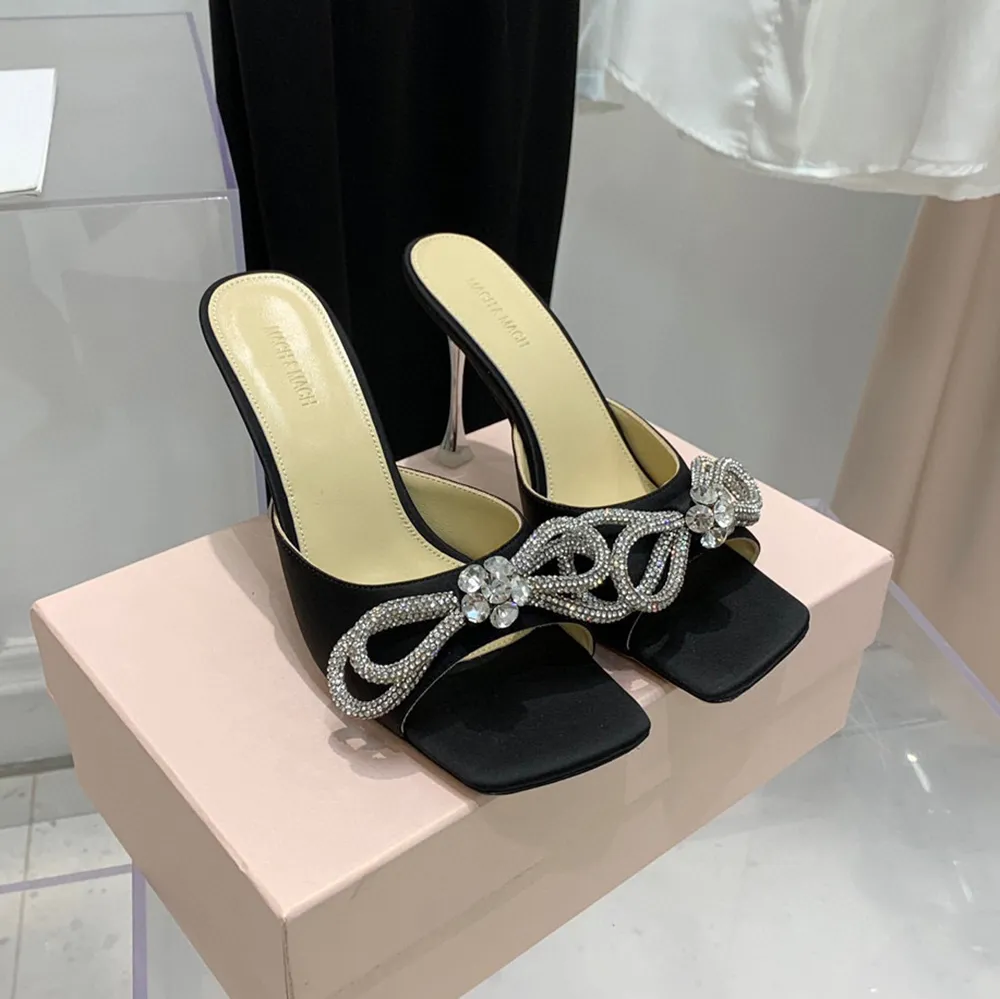 Satin Bow crystal embellished mules Slippers Evening shoes Rhinestone stiletto Heels 9.5cm clear PVC women s heel Luxury designer sandals ladies